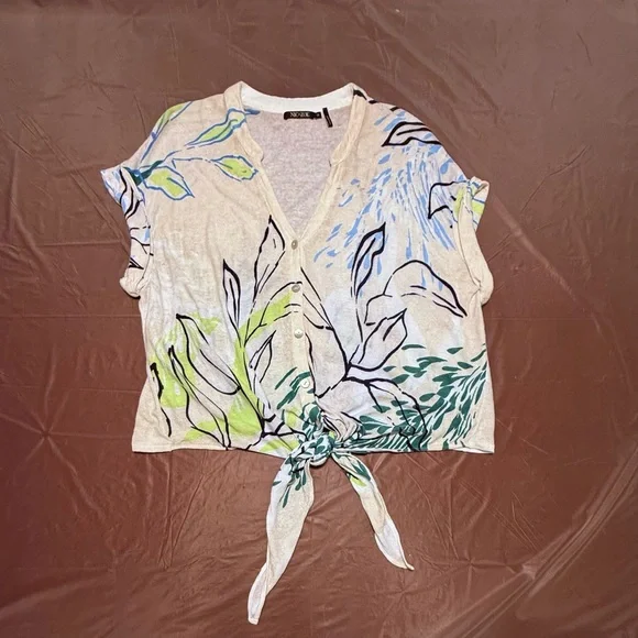 NIC+ZOE Cream/Green Waterfront Short Sleeve Button Tie Sweater Top Medium $128 - Picture 4 of 11